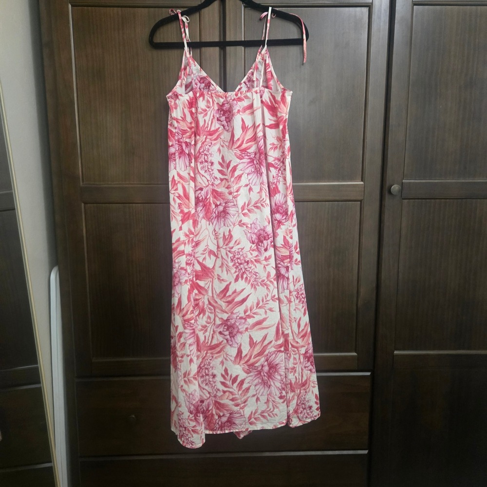 HM Pink Floral Toile Cotton Maxi Dress Tie Strap Womens Small V-Neck Summer - Picture 12 of 13